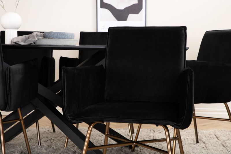 Venture Home Petra & Piazza 6 st Matstolar Svart + Rektangulärt Matbord 180 x 90 Svart