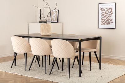 Venture Home Pelle & Velvet Rektangulärt Matbord 190 x 90 Svart + 6 st Matstolar Beige