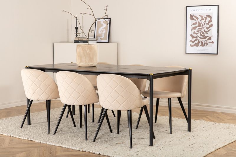 Venture Home Pelle & Velvet Rektangulärt Matbord 190 x 90 Svart + 6 st Matstolar Beige