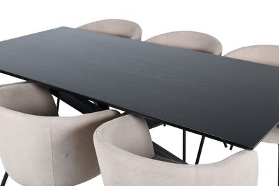 Venture Home Berit & Piazza 6 st Matstolar Beige + Rektangulärt Matbord 180 x 90 Svart