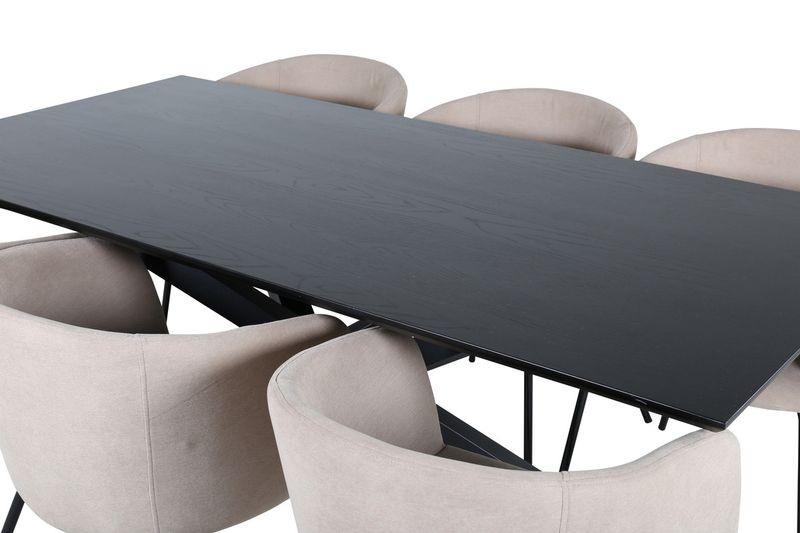 Venture Home Berit & Piazza 6 st Matstolar Beige + Rektangulärt Matbord 180 x 90 Svart
