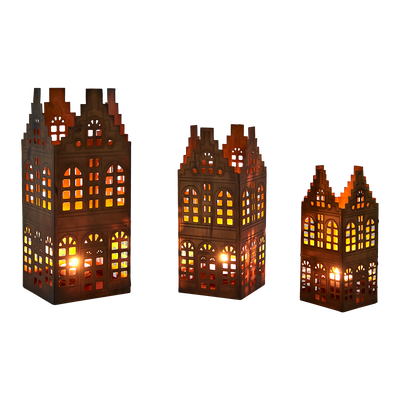 Affari of Sweden VILLAGE Ljuslykta Hus, Set om 3, Mässingsfärgad
