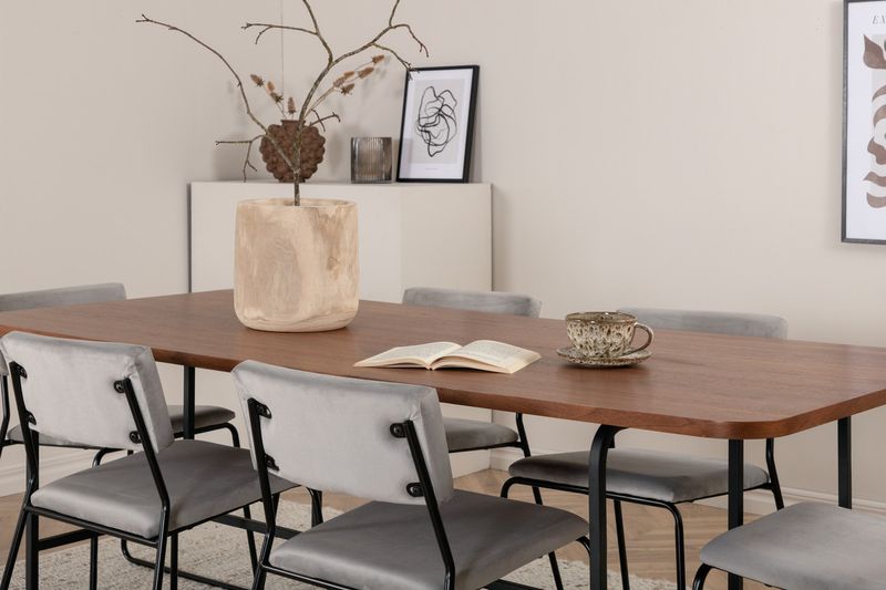 Venture Home Kenth & Uno 6 st Matstolar Grå + Rektangulärt Matbord 200 x 90 Natur