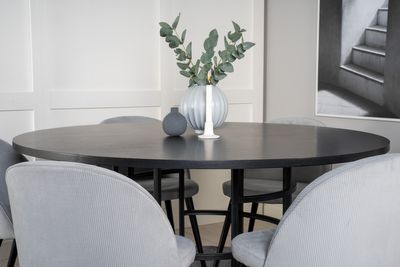 Venture Home Copenhagen & Velvet Runt Matbord ⌀140 Svart + 6 st Matstolar Ljusgrå
