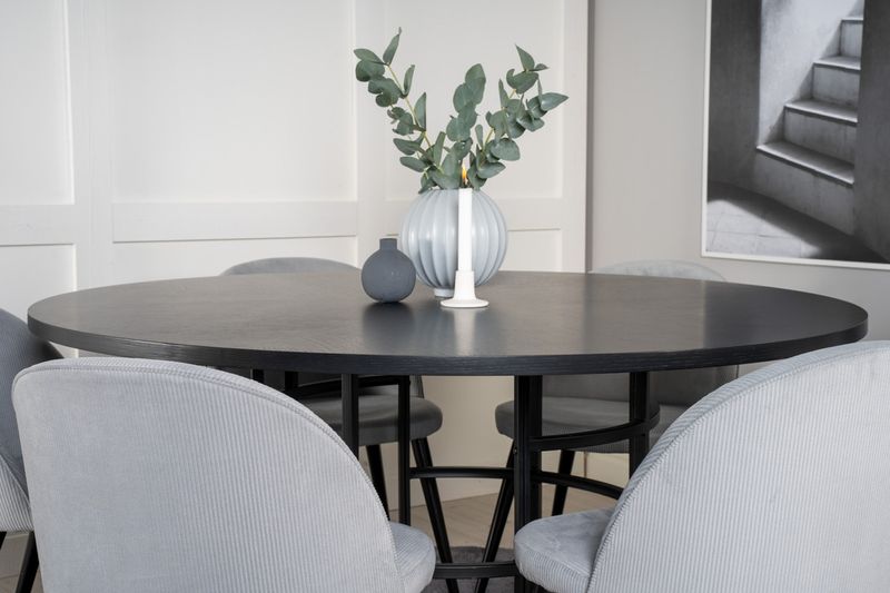 Venture Home Copenhagen & Velvet Runt Matbord ⌀140 Svart + 6 st Matstolar Ljusgrå