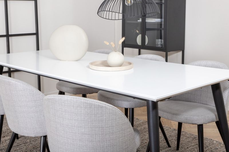Venture Home Jimmy & Velvet Rektangulärt Matbord 195 x 90 Vit + 6 st Matstolar Grå