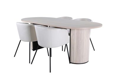 Venture Home Berit & Bianca 4 st Matstolar Beige + Ovalt Matbord 200 x 90 Vitputsad