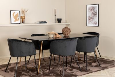 Venture Home Berit & Petra 6 st Matstolar Svart + Rektangulärt Matbord 190 x 90 Svart