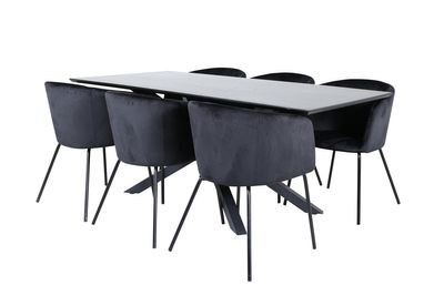 Venture Home Berit & Piazza 6 st Matstolar Svart + Rektangulärt Matbord 180 x 90 Svart