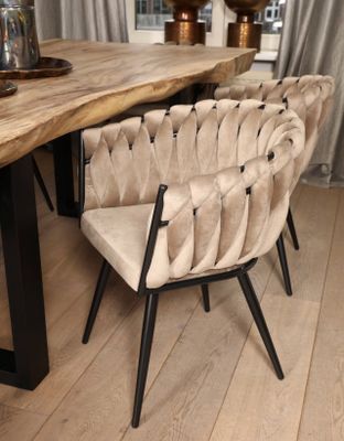 Homerebels Matstol Sand – Sammet & flätad rygg