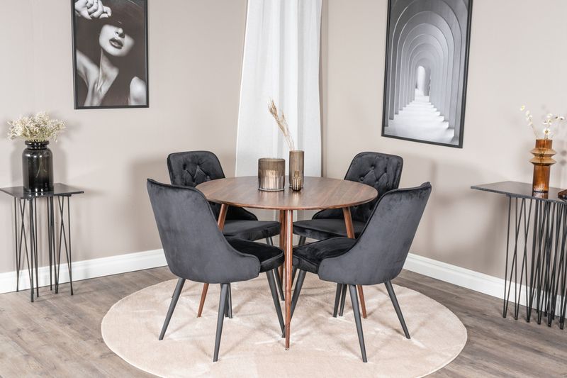 Venture Home Plaza & Velvet Deluxe Runt Matbord ⌀100 Valnöt + 4 st Matstolar Svart
