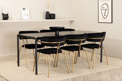 Venture Home Arrow & Pelle 6 st Matstolar Svart + Rektangulärt Matbord 190 x 90 Svart