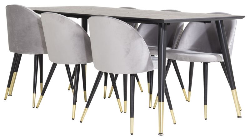 Venture Home Dipp & Velvet Rektangulärt Matbord 180 x 90 Svart + 6 st Matstolar Grå
