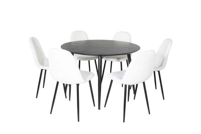 Venture Home Dipp & Polar Runt Matbord ⌀115 Svart + 6 st Matstolar Vit