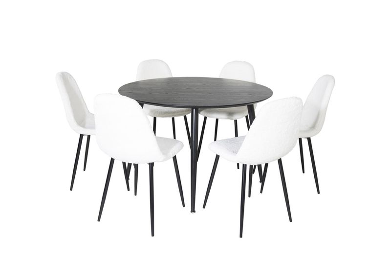 Venture Home Dipp & Polar Runt Matbord ⌀115 Svart + 6 st Matstolar Vit