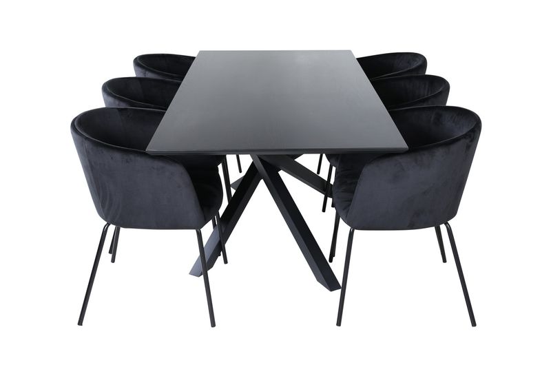 Venture Home Berit & Piazza 6 st Matstolar Svart + Rektangulärt Matbord 180 x 90 Svart