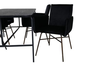 Venture Home Petra & Uno 4 st Matstolar Svart + Rektangulärt Matbord 200 x 90 Svart