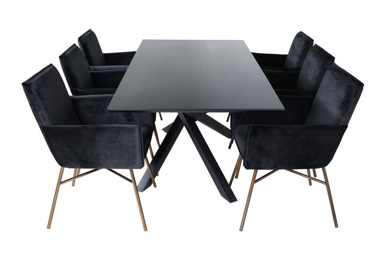 Venture Home Petra & Piazza 6 st Matstolar Svart + Rektangulärt Matbord 180 x 90 Svart
