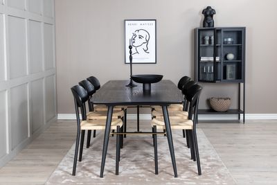 Venture Home Gold & Polly Rektangulärt Matbord 180 x 85 Svart + 6 st Matstolar Svart