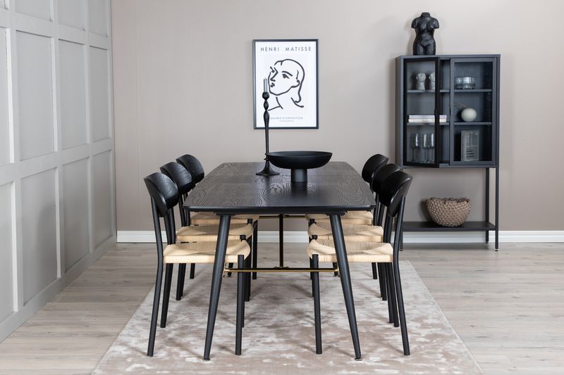 Venture Home Gold & Polly Rektangulärt Matbord 180 x 85 Svart + 6 st Matstolar Svart