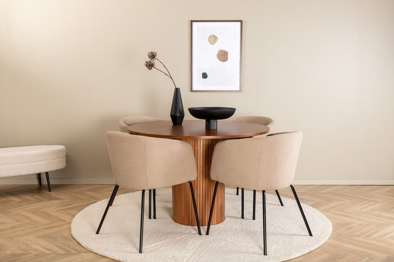 Venture Home Berit & Bianca 4 st Matstolar Beige + Runt Matbord ⌀110 Valnöt