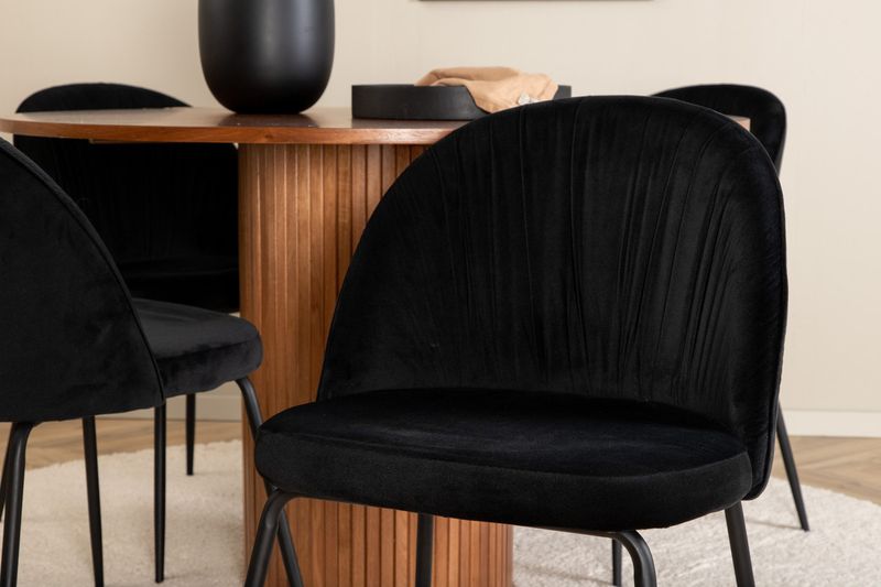 Venture Home Wrinkles & Bianca 4 st Matstolar Svart + Runt Matbord ⌀110 Valnöt
