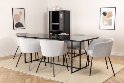 Venture Home Berit & Leif 6 st Matstolar Grå + Rektangulärt Matbord 200 x 90 Svart