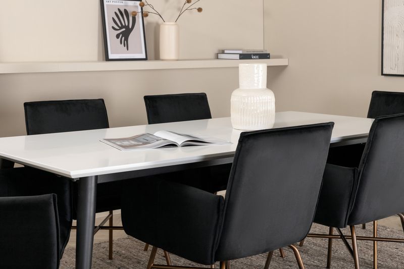 Venture Home Jimmy & Petra Rektangulärt Matbord 195 x 90 Vit + 6 st Matstolar Svart