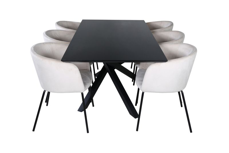 Venture Home Berit & Piazza 6 st Matstolar Beige + Rektangulärt Matbord 180 x 90 Svart