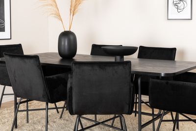 Venture Home Petra & Uno 6 st Matstolar Svart + Rektangulärt Matbord 200 x 90 Svart