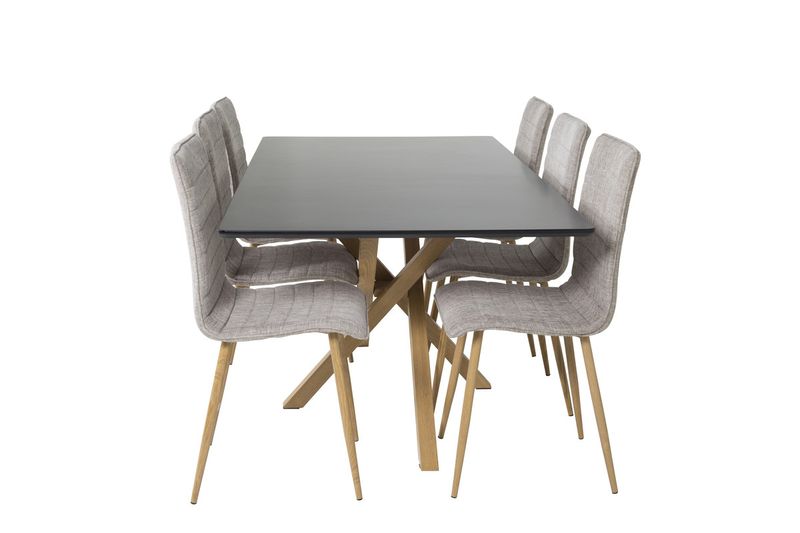 Venture Home Windu & Piazza 6 st Matstolar Ljusgrå + Rektangulärt Matbord 180 x 90 Svart