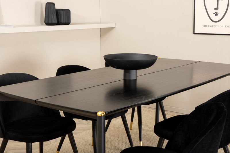 Venture Home Pelle & Velvet Rektangulärt Matbord 190 x 90 Svart + 6 st Matstolar Svart