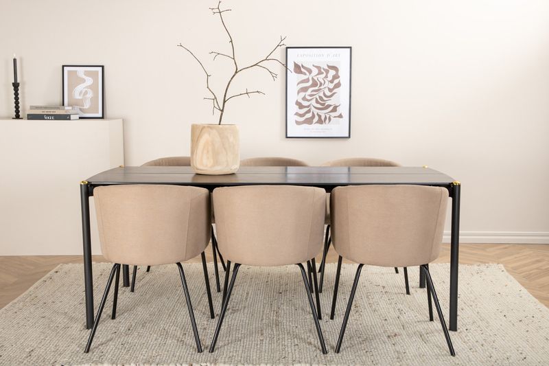 Venture Home Berit & Pelle 6 st Matstolar Beige + Rektangulärt Matbord 190 x 90 Svart