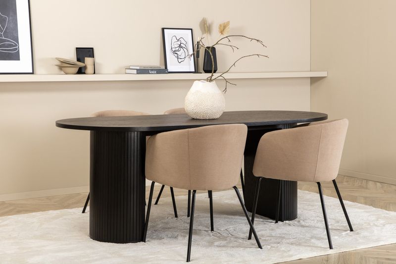 Venture Home Berit & Bianca 4 st Matstolar Beige + Ovalt Matbord 200 x 90 Svart