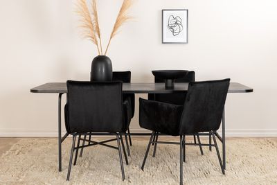 Venture Home Petra & Uno 4 st Matstolar Svart + Rektangulärt Matbord 200 x 90 Svart
