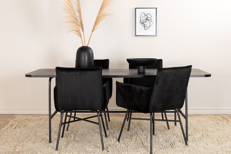 Venture Home Petra & Uno 4 st Matstolar Svart + Rektangulärt Matbord 200 x 90 Svart
