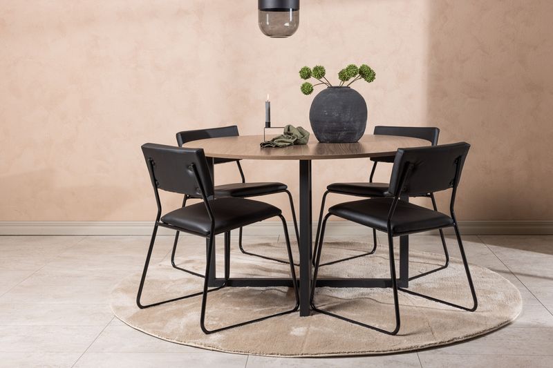 Venture Home Kenth & Durango 4 st Matstolar Svart + Runt Matbord ⌀120 Valnöt