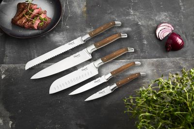 Laguiole By Hâws knivset med 5 knivar: brödkniv, kockkniv, örtkniv, santokukniv och grönsakskniv, handtag i olivträ