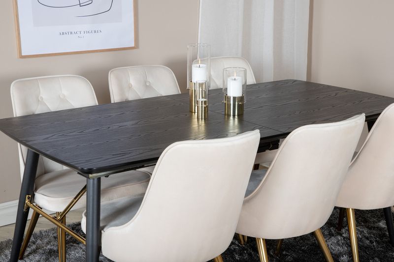 Venture Home Gold & Velvet Deluxe Rektangulärt Matbord 180 x 85 Svart + 6 st Matstolar Beige