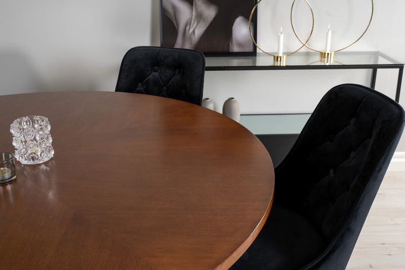 Venture Home Copenhagen & Velvet Deluxe Runt Matbord ⌀140 Brun + 6 st Matstolar Svart