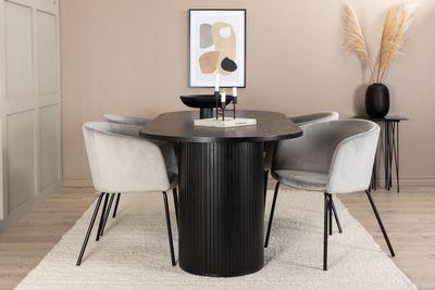 Venture Home Berit & Bianca 4 st Matstolar Grå + Ovalt Matbord 200 x 90 Svart
