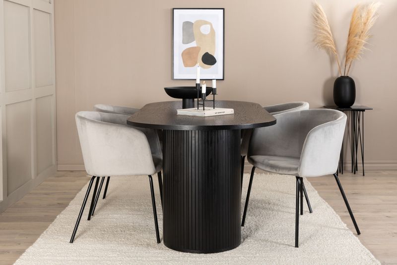 Venture Home Berit & Bianca 4 st Matstolar Grå + Ovalt Matbord 200 x 90 Svart