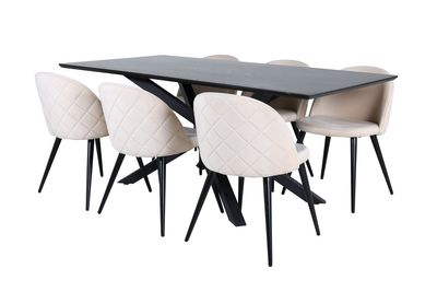 Venture Home Velvet & Piazza 6 st Matstolar Beige + Rektangulärt Matbord 180 x 90 Svart