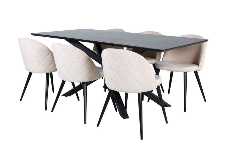 Venture Home Velvet & Piazza 6 st Matstolar Beige + Rektangulärt Matbord 180 x 90 Svart