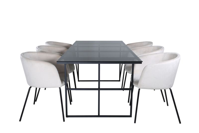 Venture Home Berit & Leif 6 st Matstolar Beige + Rektangulärt Matbord 200 x 90 Svart