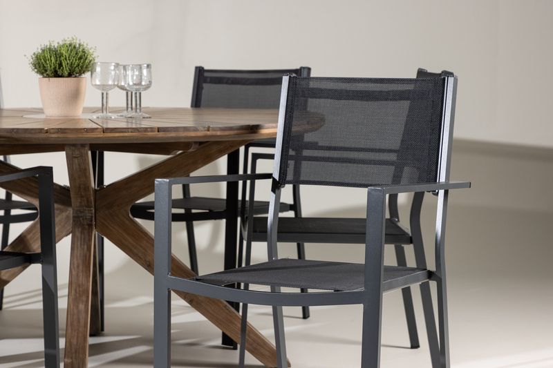 Venture Home Copacabana & Rosario 6 st Matstolar Svart + Runt Matbord ⌀140 Brun