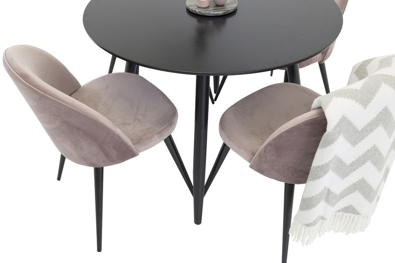 Venture Home Velvet & Plaza 4 st Matstolar Gammelrosa + Runt Matbord ⌀100 Svart