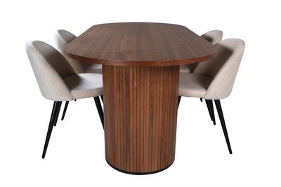 Venture Home Bianca & Velvet Ovalt Matbord 200 x 90 Valnöt + 4 st Matstolar Beige