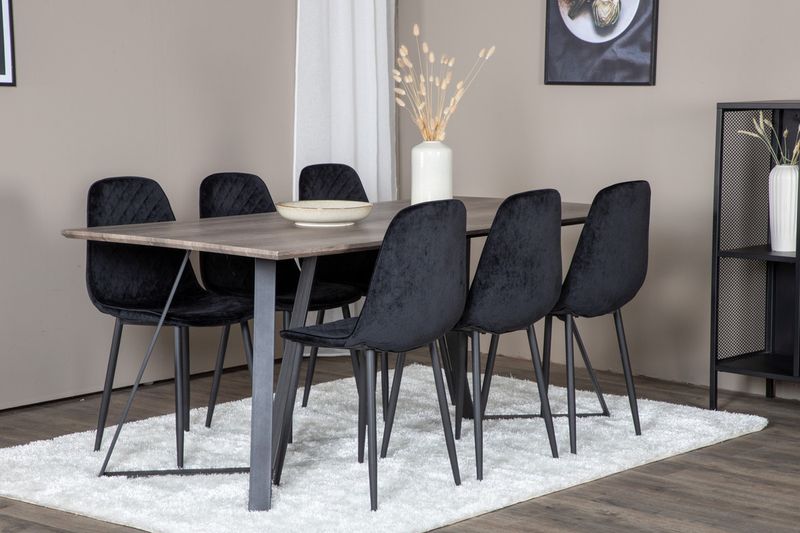 Venture Home Polar & Marina 6 st Matstolar Svart + Rektangulärt Matbord 180 x 90 Natur