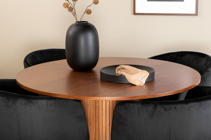 Venture Home Berit & Bianca 4 st Matstolar Svart + Runt Matbord ⌀110 Valnöt